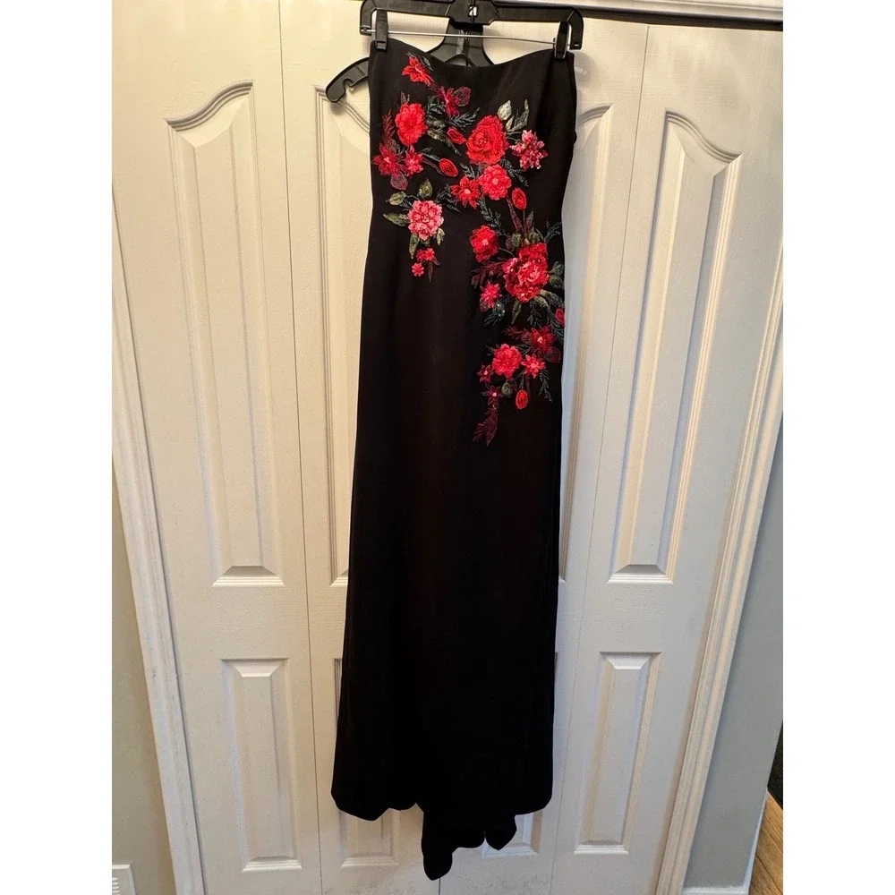 $1595 Rene‎ Ruiz Black Strapless Floral Sequin Evening Gown Maxi Dress Sz 4